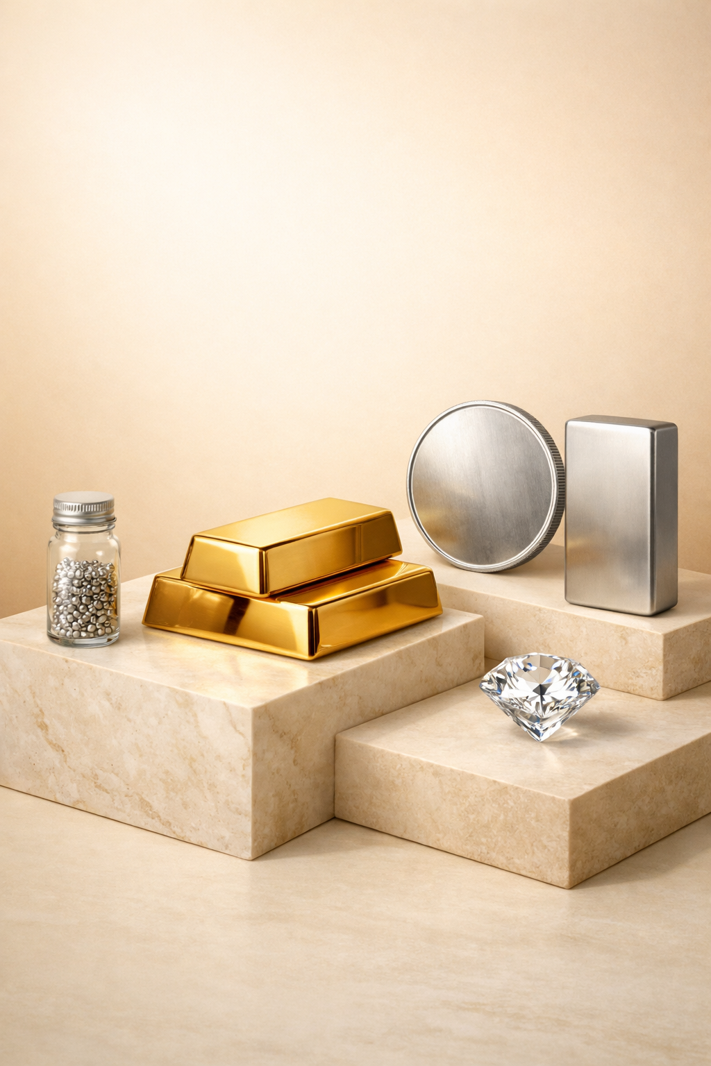 Goldbarren und Haus auf Marmor-Podesten